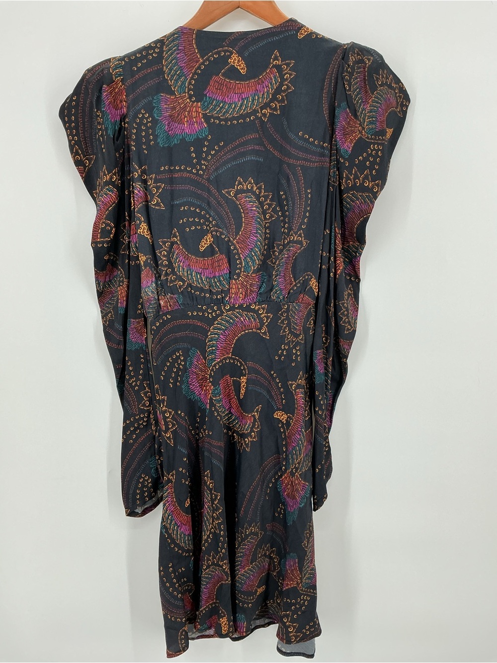 Farm Rio Toucan Paisley Wrap Midi Dress Puff Sleeve Black Multicolor XS - Picture 4 of 9